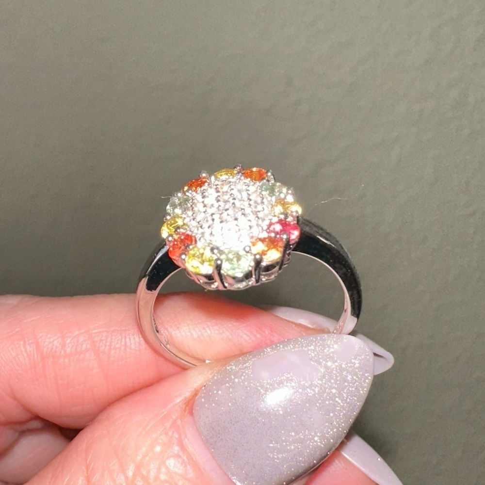 Engagement Style Flower Ring With Zircon Colored Sapphires Sterling Silver